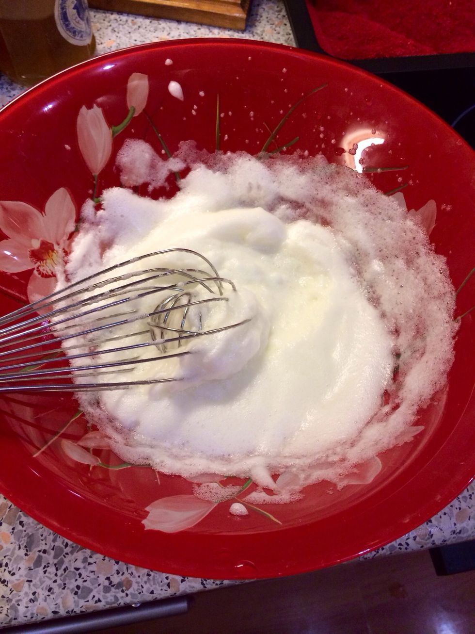 @whites + salt: Separate whites, add a pinch of salt and mixed it up so it becomes foamy