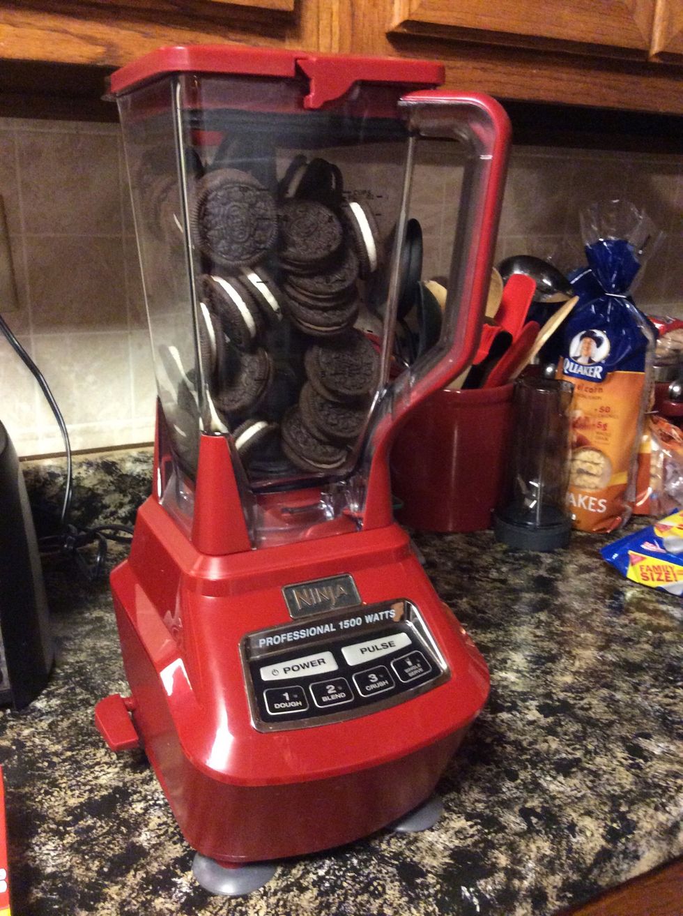 Whole package of Oreos in the blender before blended.