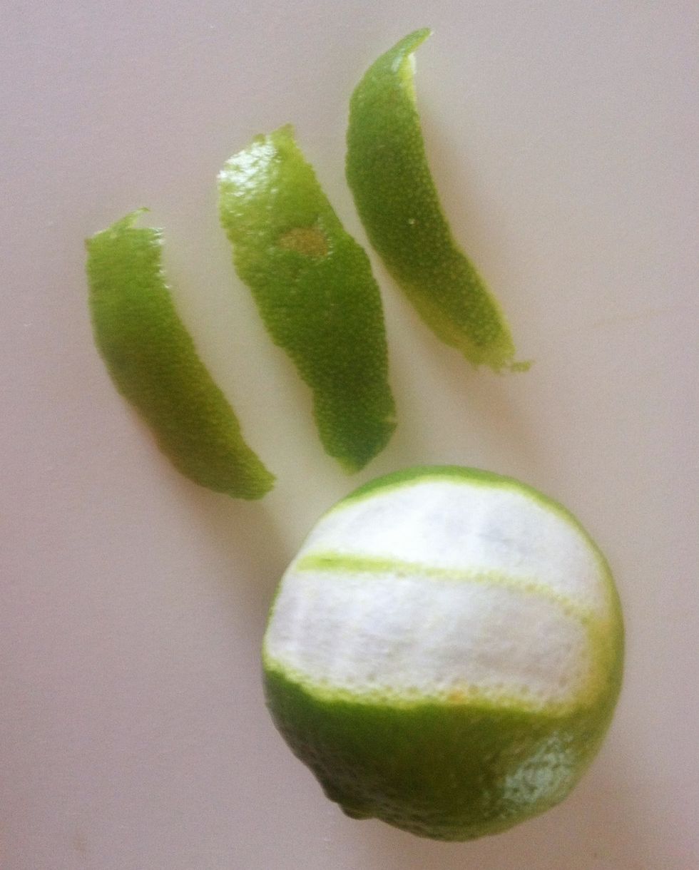 Wide strips of peel with pith. Strips are used for lime sugar. The white part must be removed though.