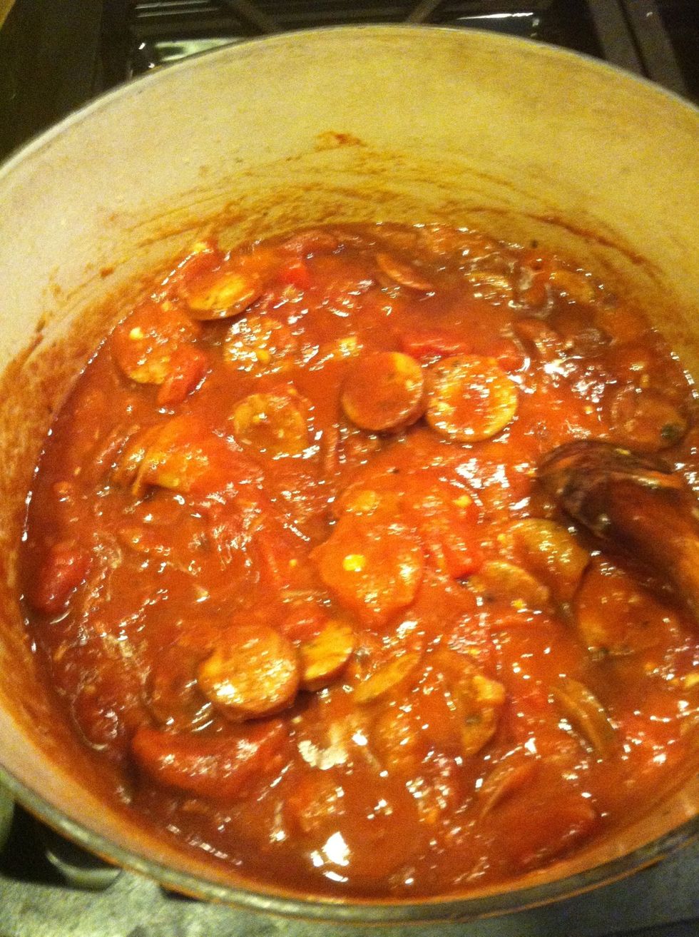 Wine added( I dump whatever I haven't drank from my glass into the pot- just go with what feels right)