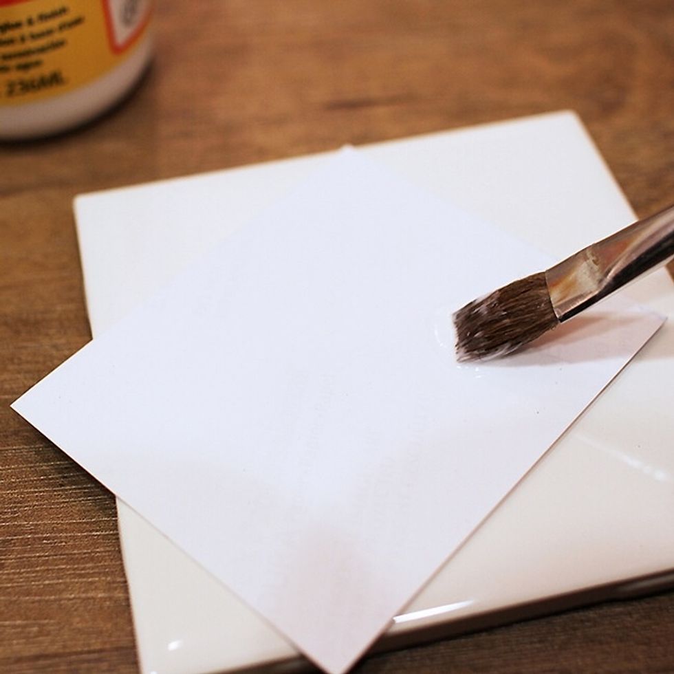 Wipe down your tiles so that they are clean and ready to be turned into a Polaroid coaster. Generously apply Mod Podge using the brush to the back of the photo.