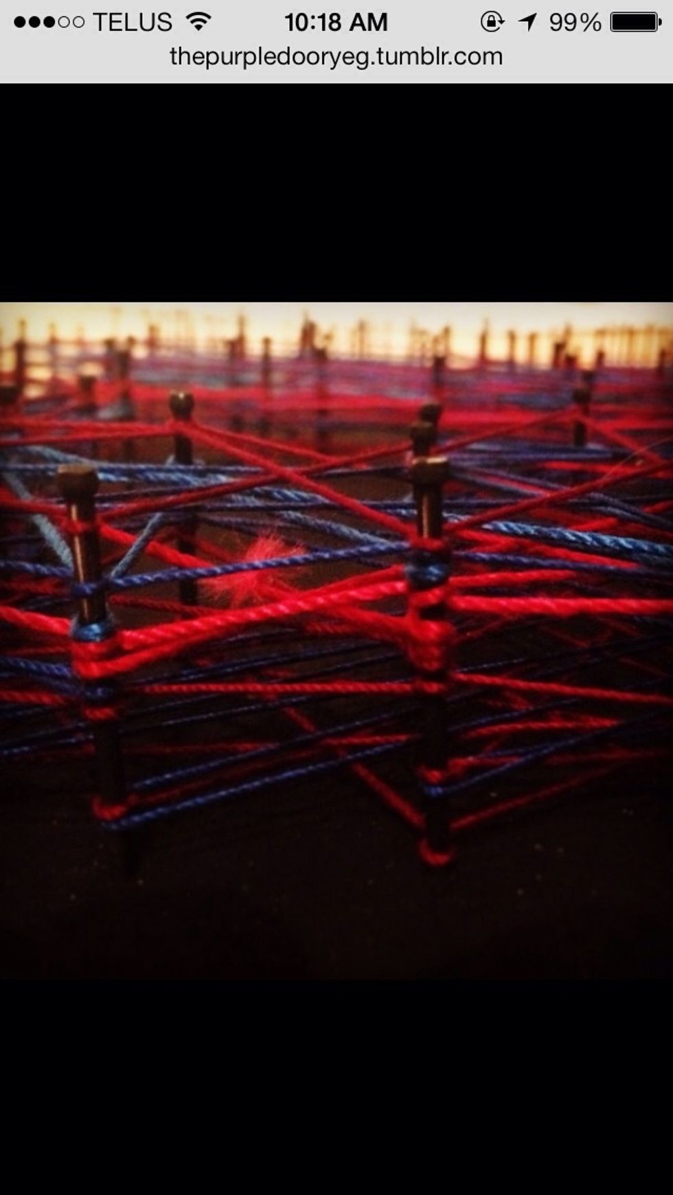 Wipe off the chalk outlines, then begin to wrap the string around the nails in a pattern. The more layers and different coloured string you use the more interesting your piece will turn out!