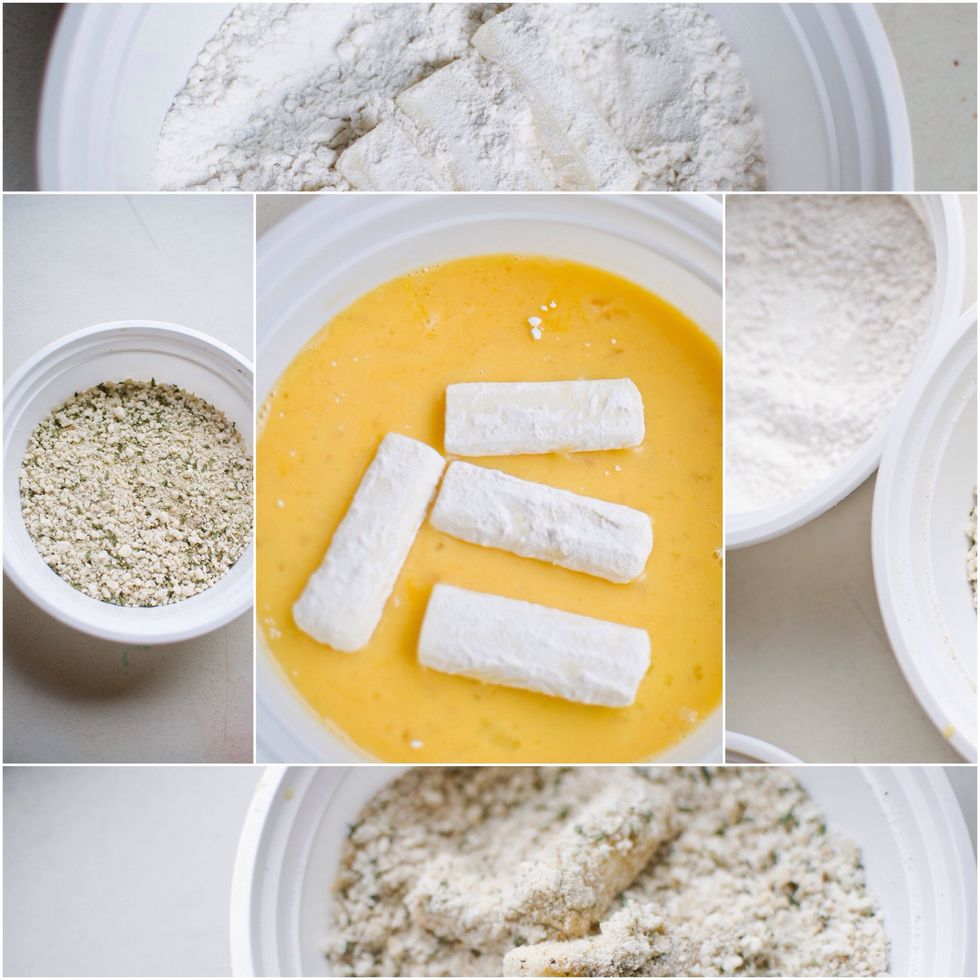 Wipe off the excess flour and coat in the egg next.