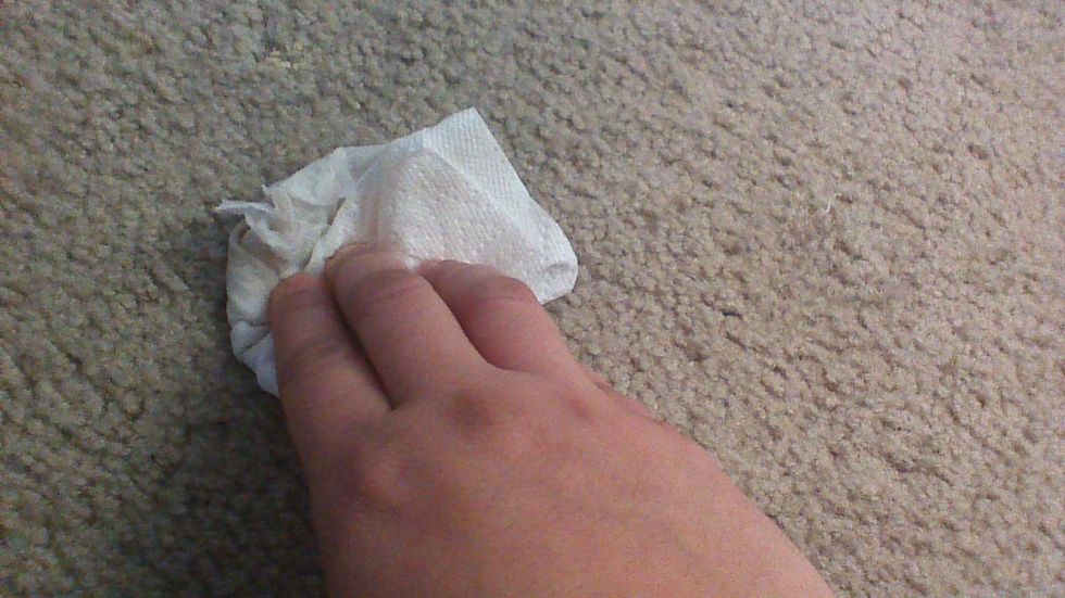 wipe with a white paper towel or a white cotton cloth. colored cloths or papers may leave a shade of color sometimes on the carpet and dyes are really difficult to get rid off