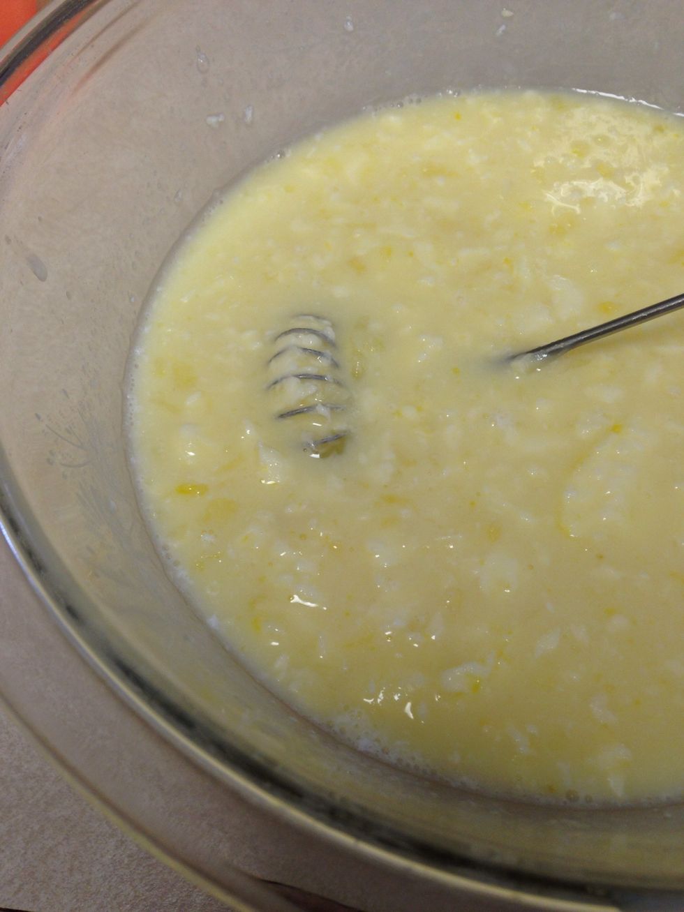 Wisk together eggs and butter in the "soured" milk!