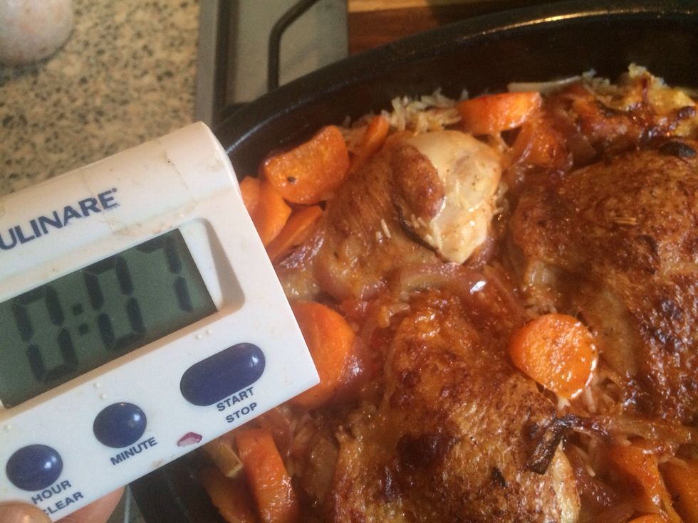 With 7 mins left I checked it, rice was pretty well cooked so turned oven off for rest of time so rice would just steam!