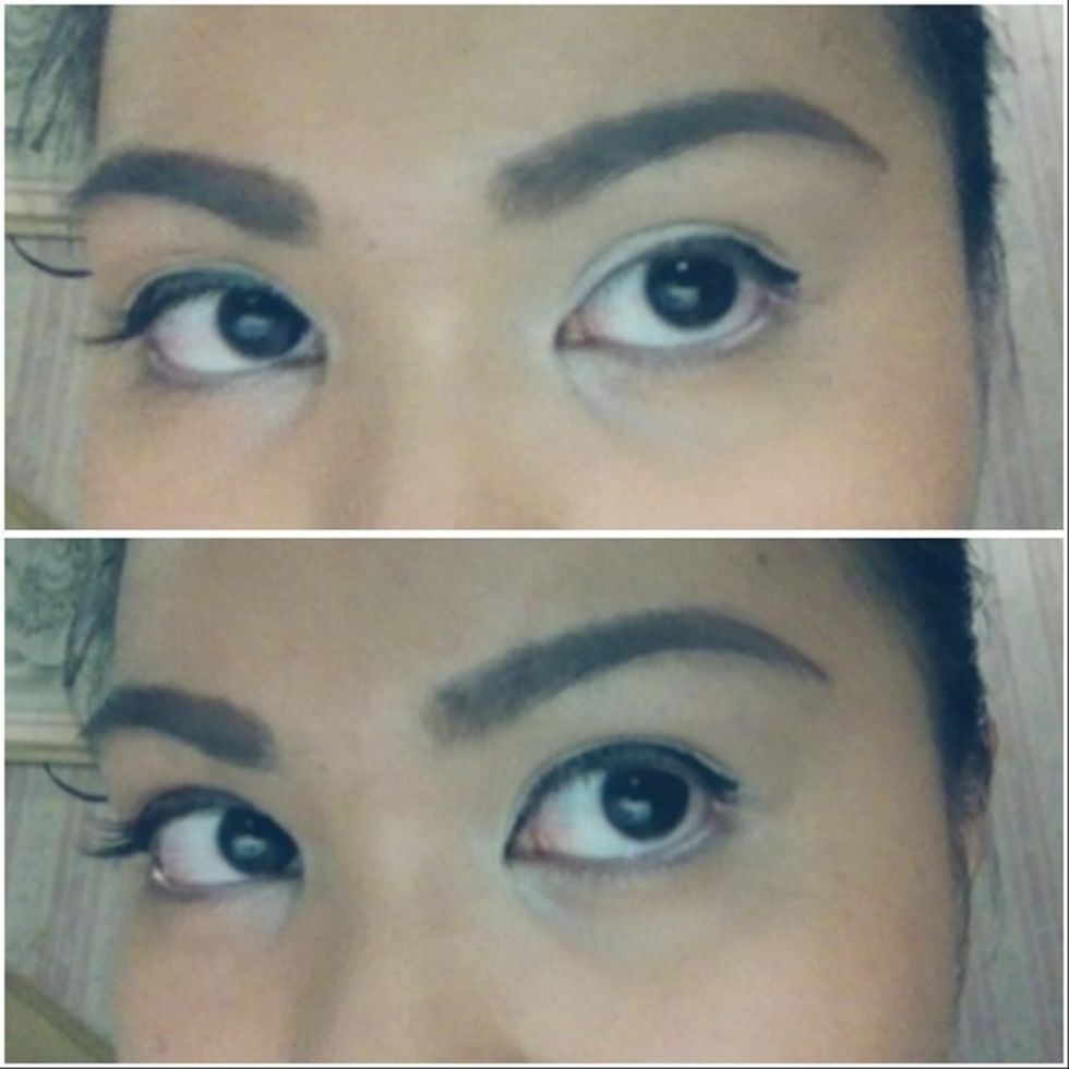 With a black eye liner, draw a flick and then fill in til mid-section of your lid. From the inner of your eye draw a thin line that goes thicker and make sure it connects with the line you did earlier
