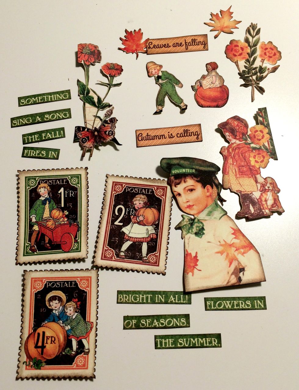 With a blending tool and Walnut Stain Distress Ink, ink all the edges of the fussy cut images.