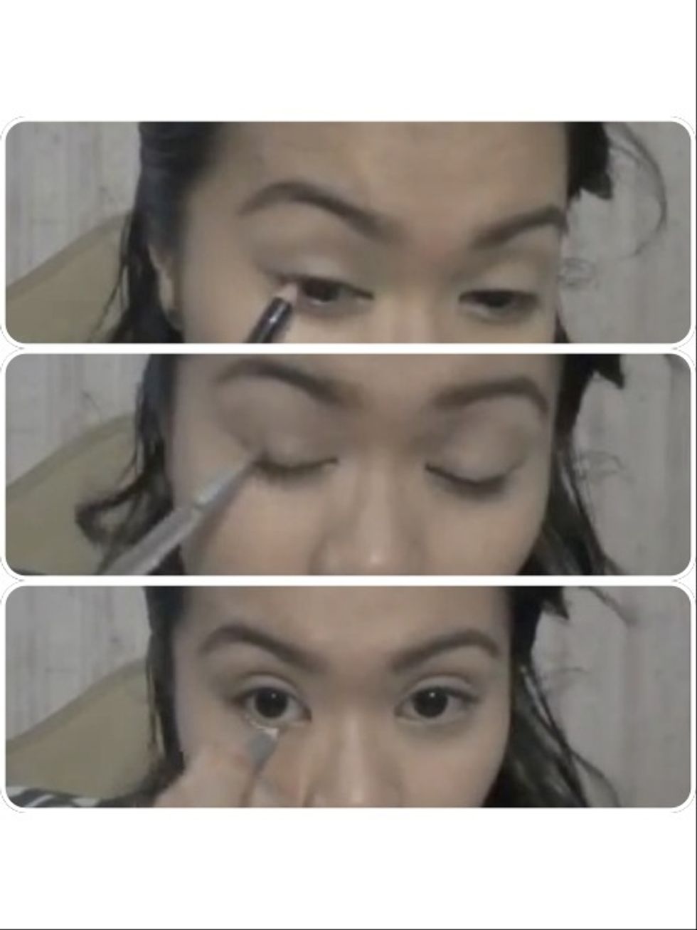 With a dark brown eye pencil, line the upper outer corner of your eyes. Smudge and push the pigments toward the inner corner with a smudge brush. Line lower waterline w/white eye pencil.