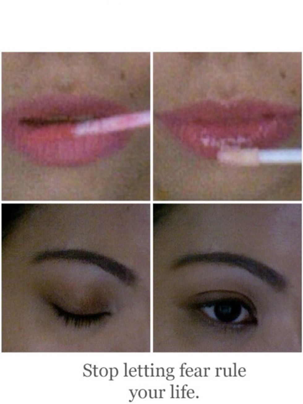 With a liquid stain in pink. Once dry, I'm going to apply gloss on the heart area of my lips to make it look plump. I'm gonna set my face with a powder to take out shine if theres any. And I'm done.