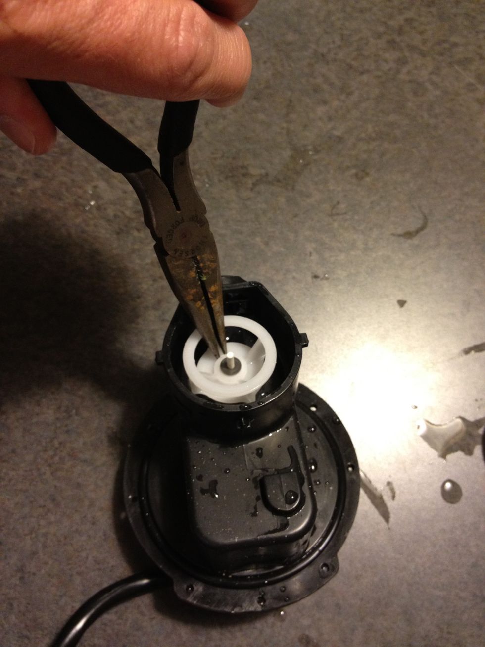 With a needle nose pliers, pull out hair and gunk. Then use the pliers to grip one blade of the impeller & pull straight up. It's held in by a powerful magnet; give a little tug & it will come out.