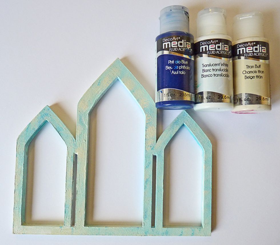 With a piece of sponge blend some media acrylic paints over keeping them light in colour, I used Phthalo Blue, Translucent White and Titan Buff.