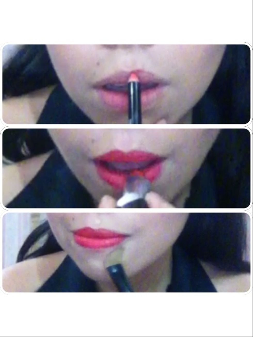 With a red lip liner, create an outline for your lips and fill it in. Apply red lipstick. To emphasize the shape of your lips, run concealer around the lip area.