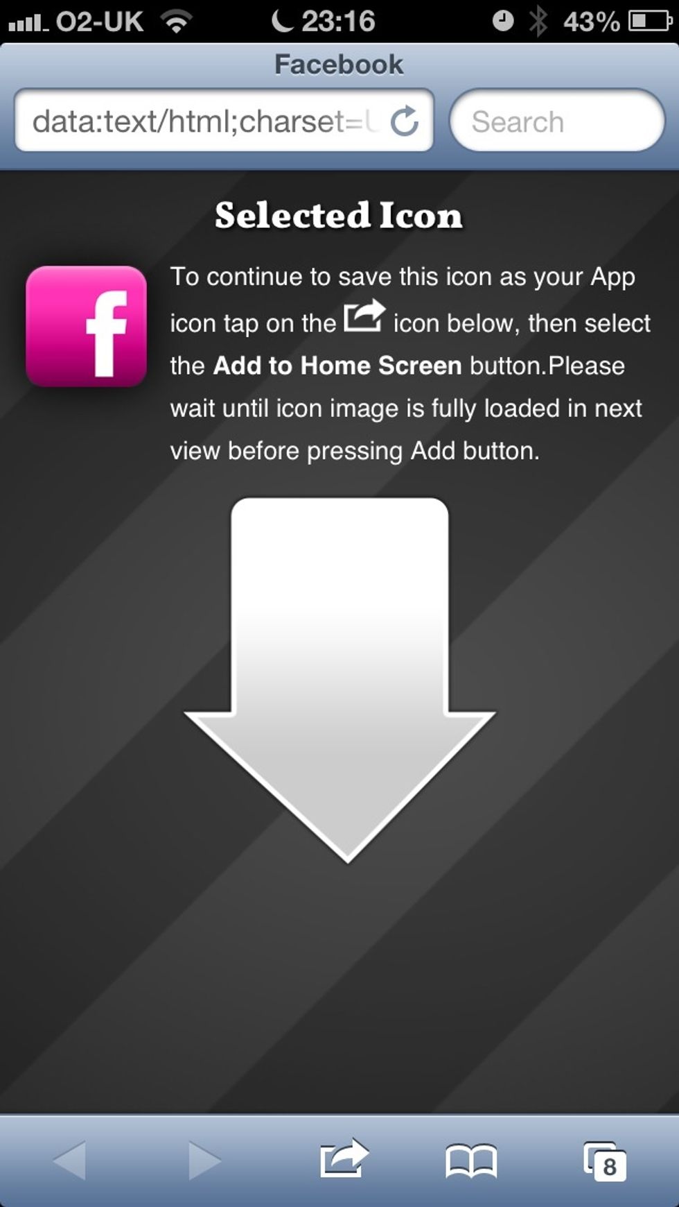 With a reliable data connection the page will load up and prompt you to select the "Add to Home Screen" button. So do just that, tap the button at the bottom of the screen.