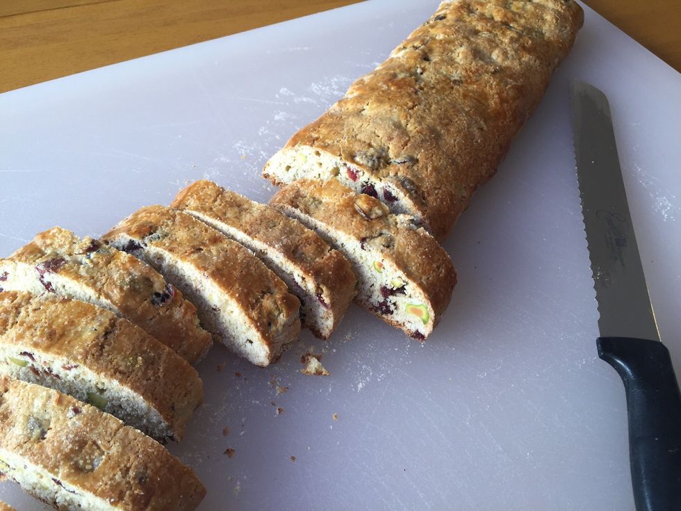 With a serrated knife, slice biscotti into 1-inch slices.