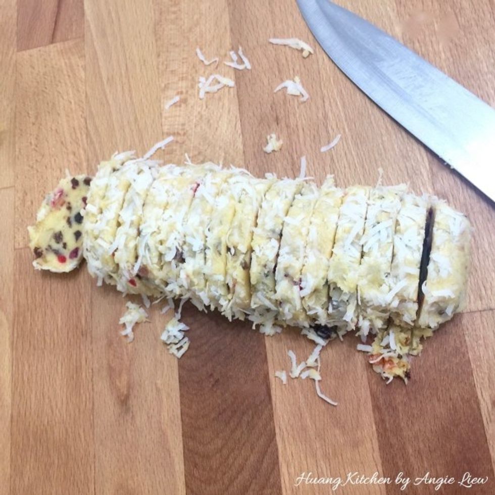 With a sharp knife, cut the chilled log into 1/4 inch thick slices.