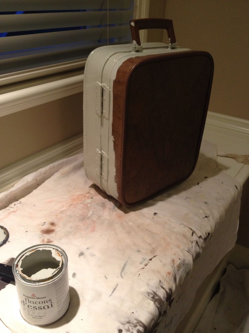 With a sponge paint brush and regular flat latex paint (I used Benjamin moore grey) start painting, cover everything. Metal parts, handle all of it.