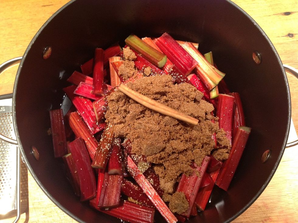 With all the ingredients added, the pot should now look something like this. Note - you do not need to add any water because the rhubarb will release water as it cooks.