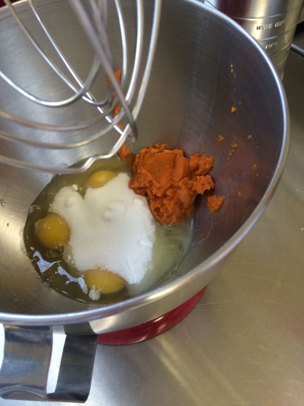 With an electric mixer, beat the eggs, granulated sugar, pumpkin, & lemon juice until smooth