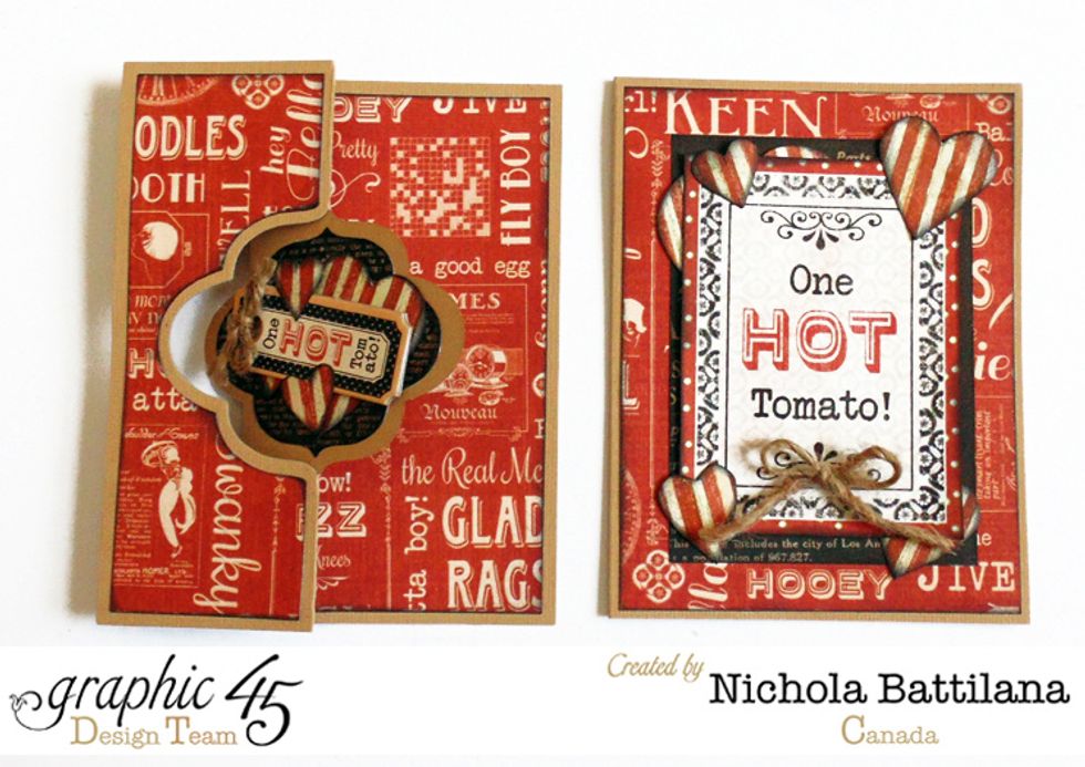 With die: Add twine "one hot tomato" chipboard element and apply to the front. Without die: Add a 'one hot tomato' sentiment from It's the Berries, apply small twine bow. Both: Add more hearts!