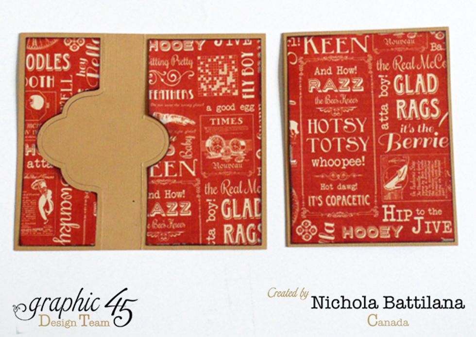 With Die: cut panels from "Swanky", distress edges and apply. Without Die: Cut one 4" x 5" rectangle from "Swanky", distress edges and apply to front of card.