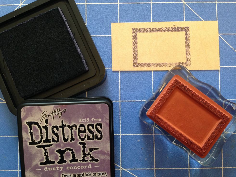 With Dusty Concord Distress Ink, stamp a rectangle using the Graphic 45/Hampton Arts stamp set.