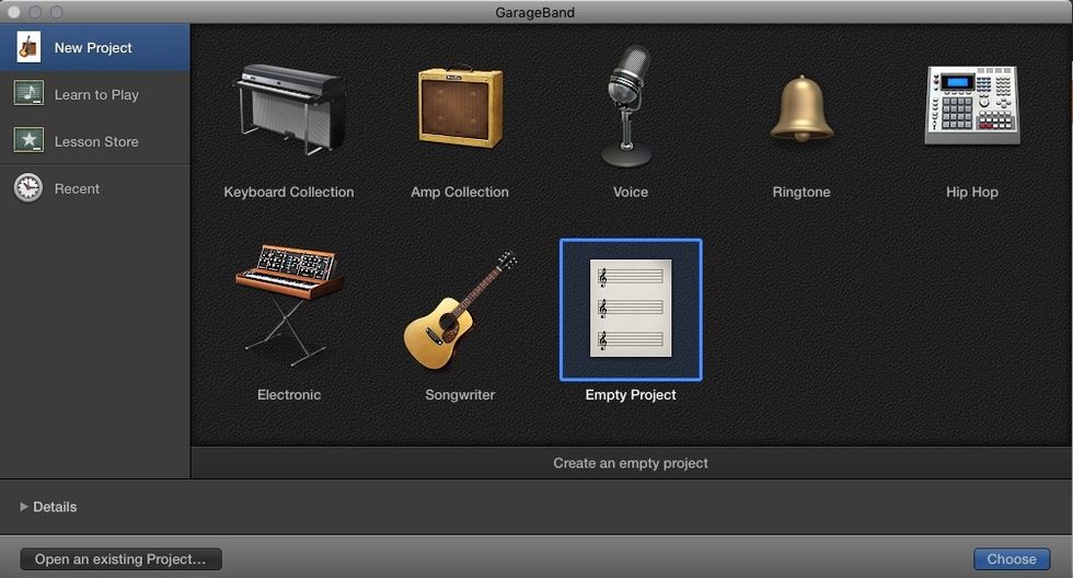With GarageBand and iTunes open on your Mac, select 'Empty Project.