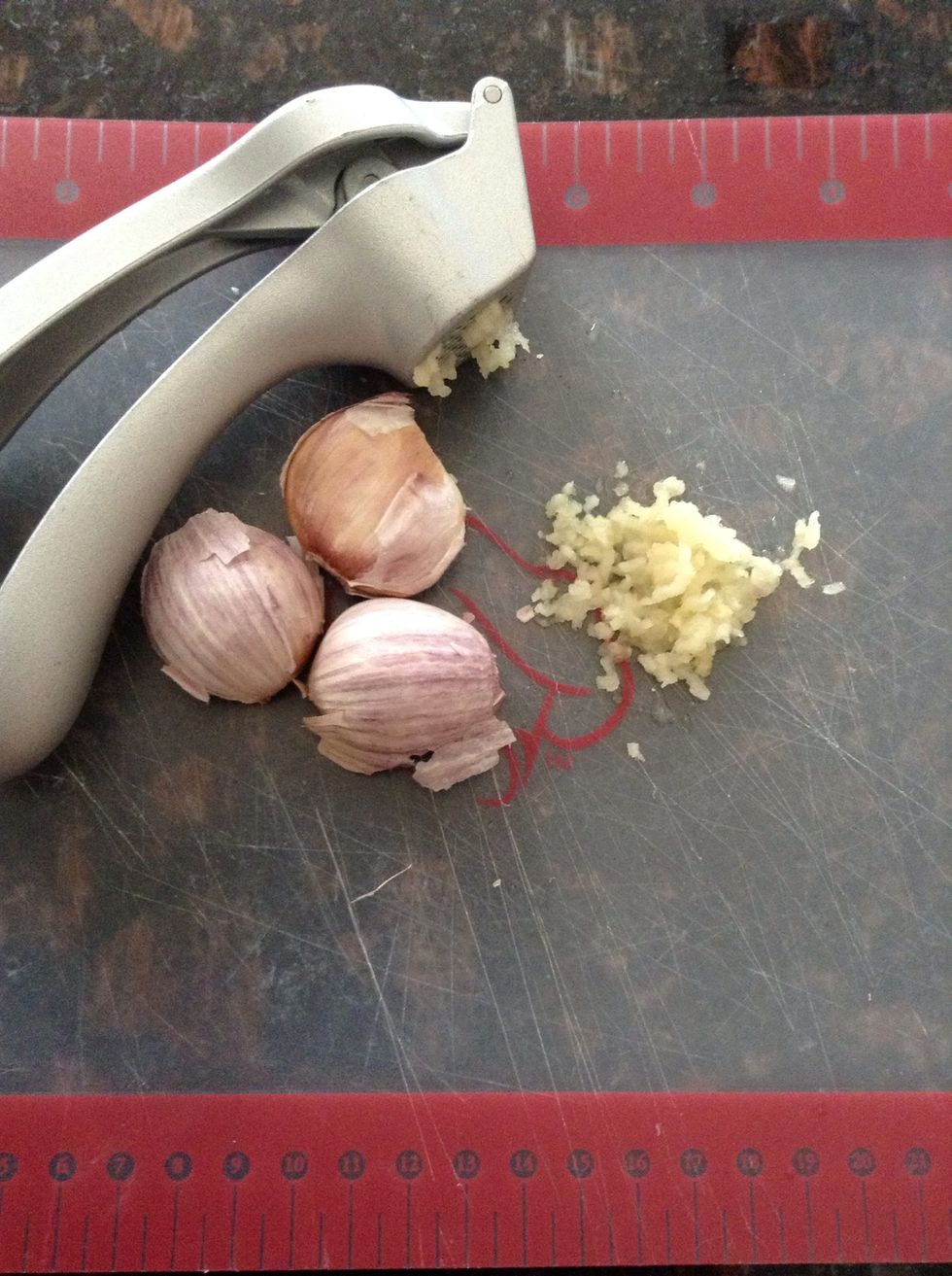 With garlic press, press 4 large cloves of garlic.