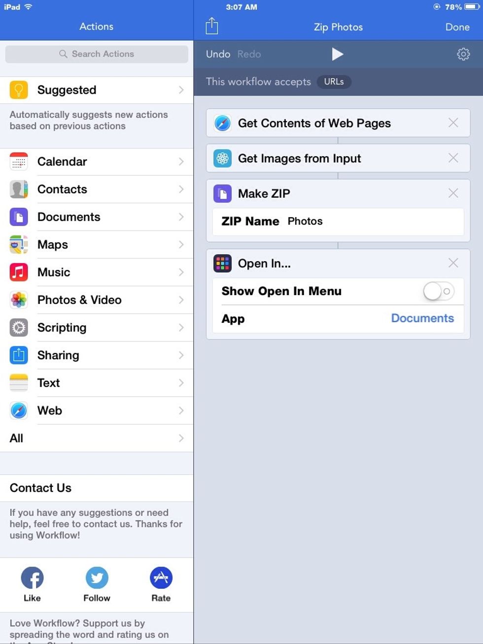 With IOS 8's new Extensions API, you can make these workflows an extension in the share menu. This workfkflow gets all images from the current webpage and saves it as a zip file in the Documents app