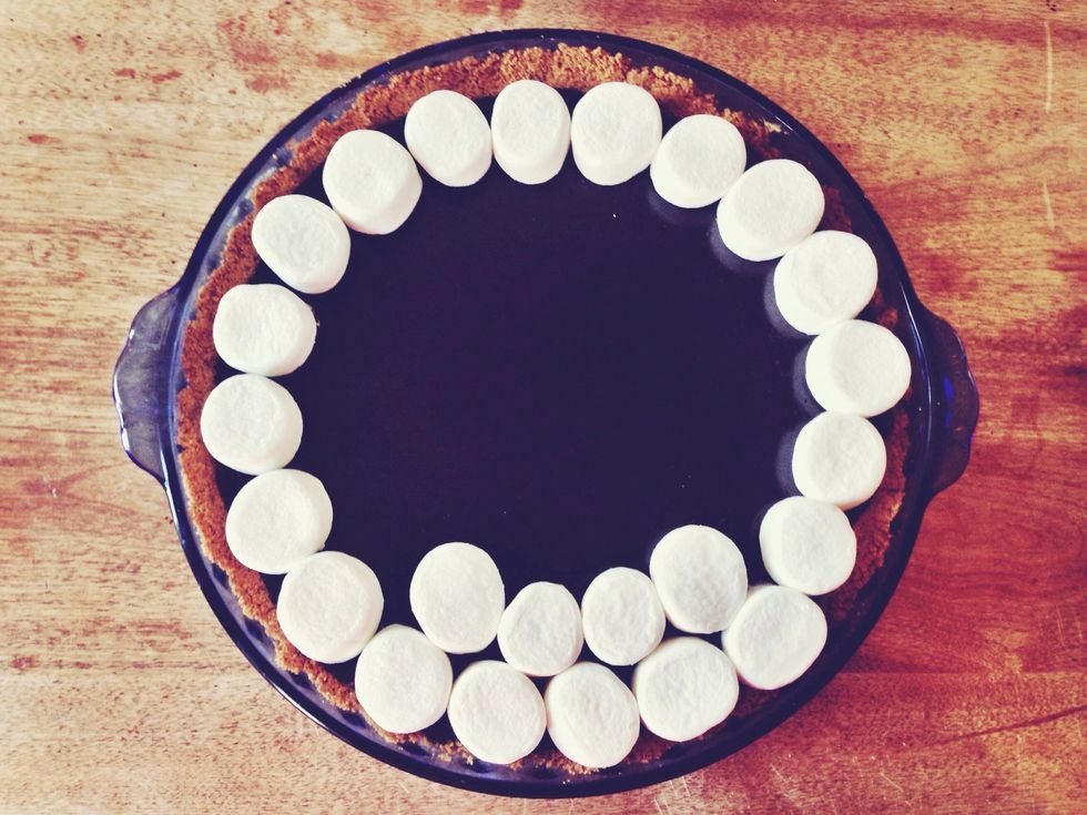 With kitchen shears or a knife, cut marshmallows in half. Place marshmallows in concentric circles on pie until covered.