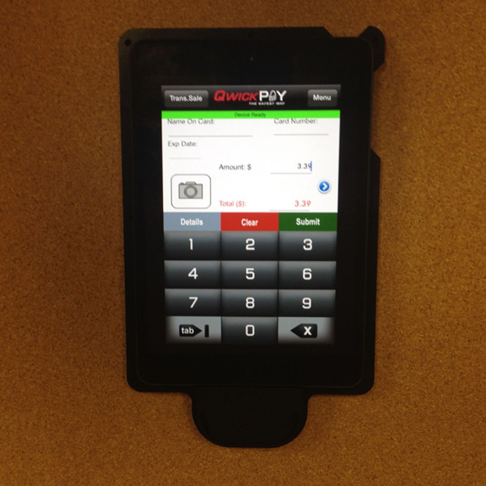 With MAGTEK iDynamo5 installed, slide Apple iPad MINI onto the MAGTEK iDynamo5 lightning connector. Use QwickPAY (see STEP7 for instructions) to test as shown.