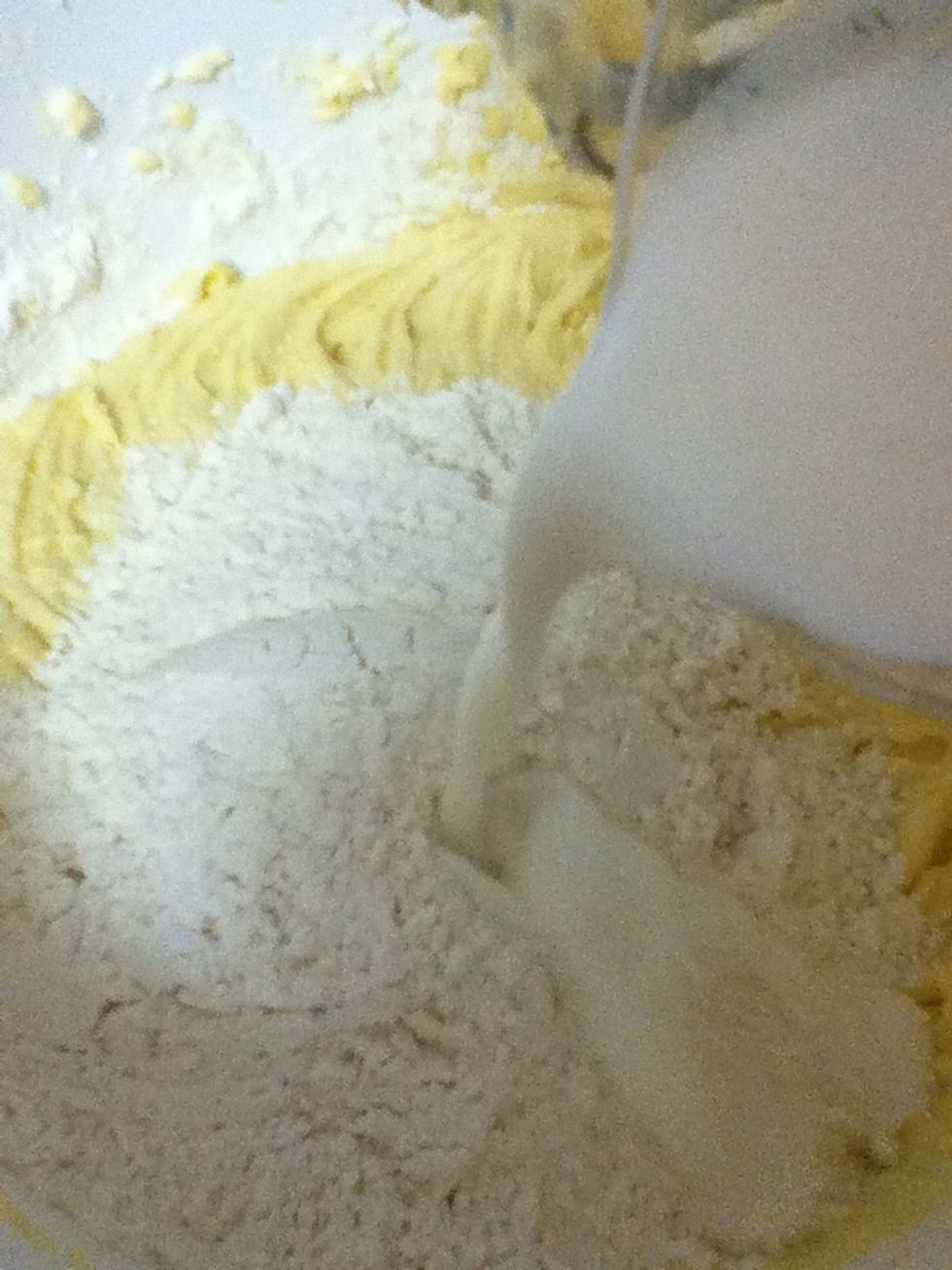 With mixer on low speed, beat in half the buttermilk and 1/3 of the flour mixture. Once that is combined, add another 1/3 of the mixture and the remaining buttermilk.