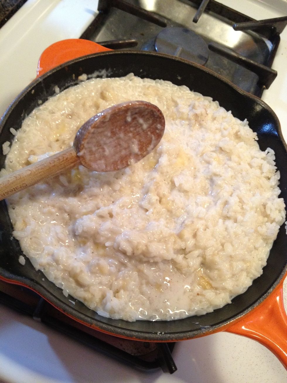 With my heat on medium, I stir until the mix is thickened and bubbly. Add more milk for a softer chew as the rice absorbs the liquid. I like the rice to retain a bit of a bite. Give it a taste.