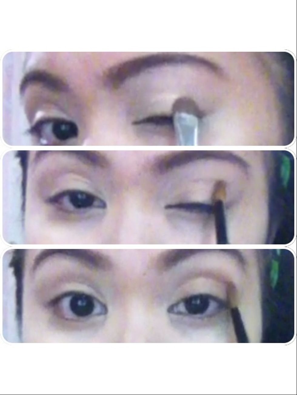 With primer-ready lids, Apply a light gold eyeshadow all over using an e/s brush. With a tapered brush, apply dark brown e/s to define eyes along the crease area.