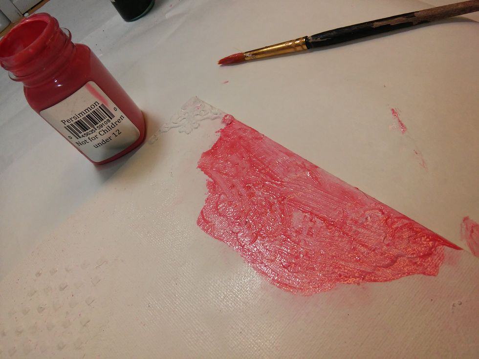 With some Persimmon Velvet Paint, I put a nice kinda sloppy coat on each doily half. Don't let it dry!