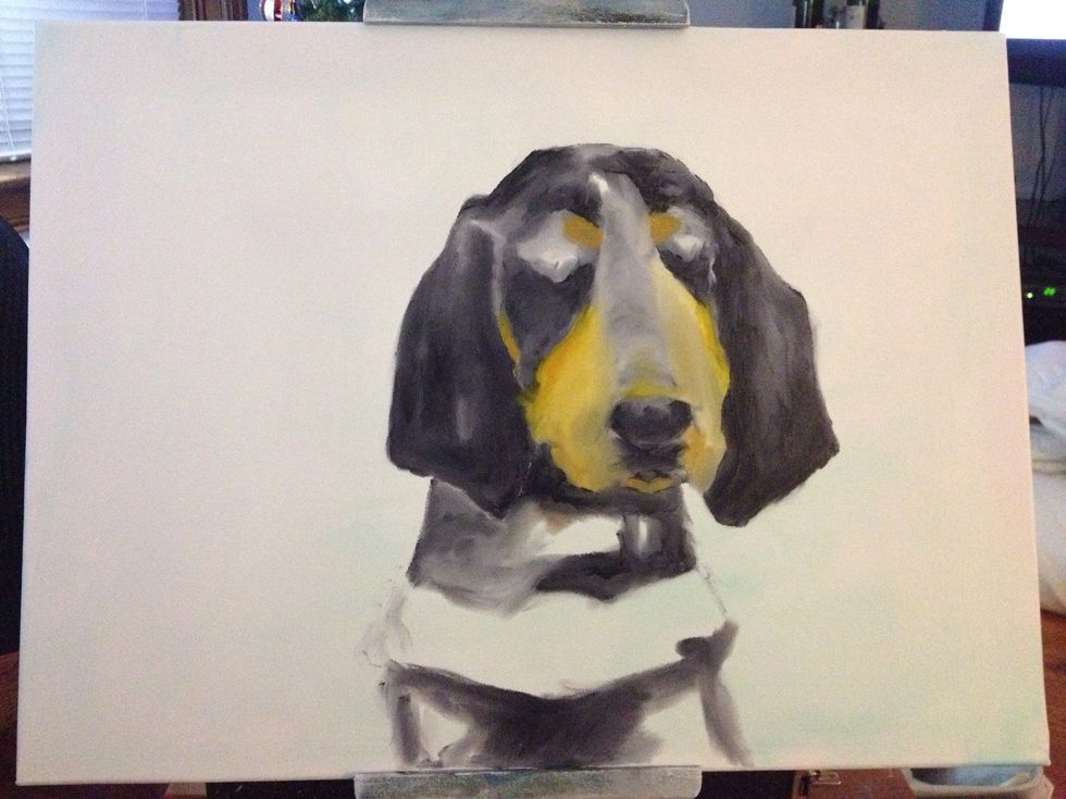 With some umber an a little sienna, start to block in the browns on Smokey's face. Notice his bottom lip is a shade darker since it is hidden under that cute face.