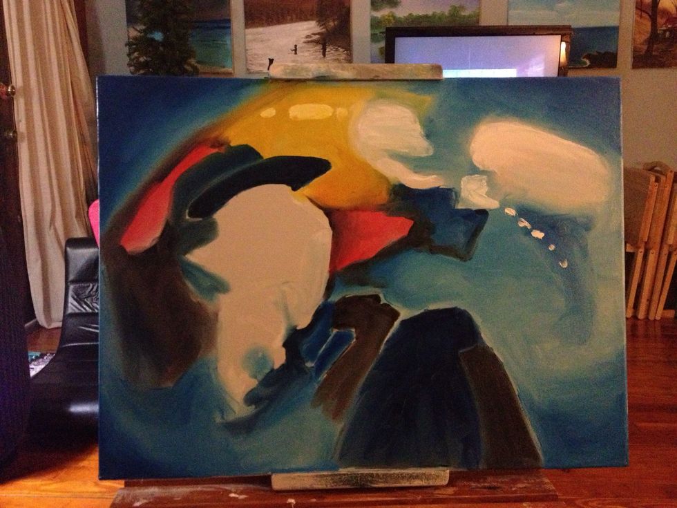 With the black, you want to scrub in lines that frame the brighter colors. Also take a look at how I blended some into the red by his face to make his head pop out.