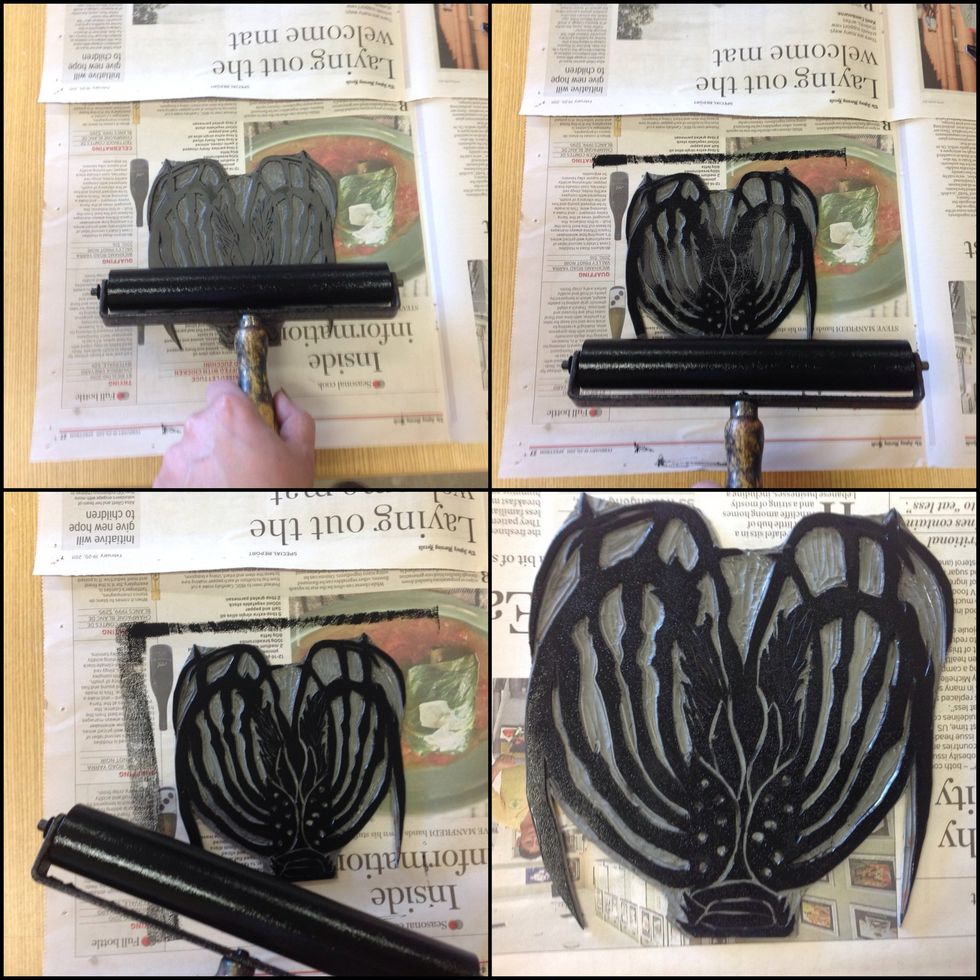 With the brayer, evenly cover the Lino stamp with ink