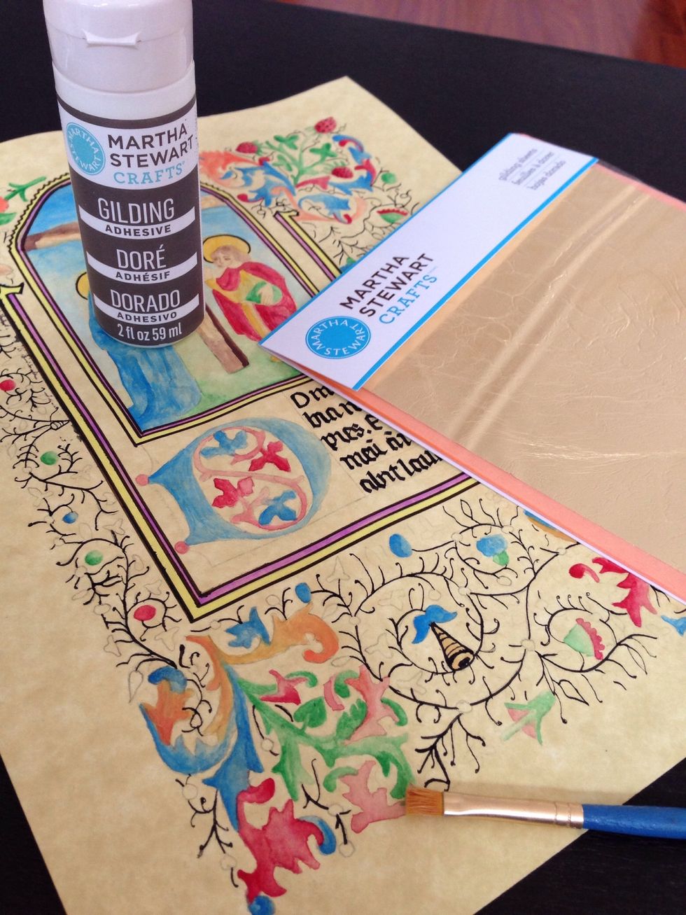 With the gold leaf, you'll need a primer of some sort. I used gilding adhesive. Gesso would work just as well.