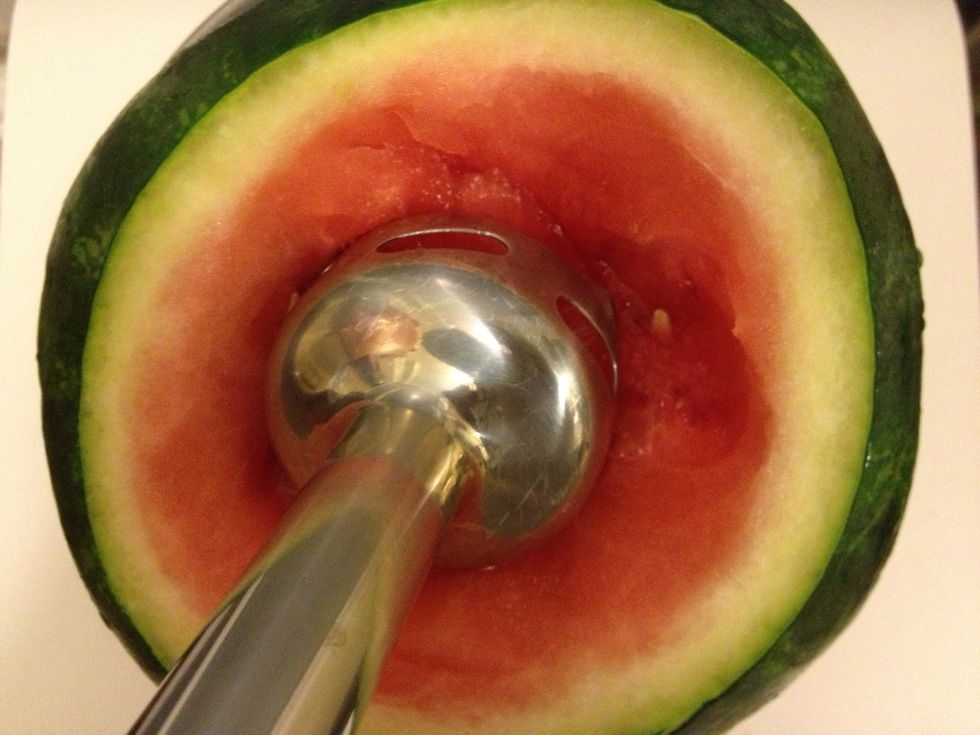 With the hand blender, slowly work your way down to the bottom. Be careful not to push too hard.