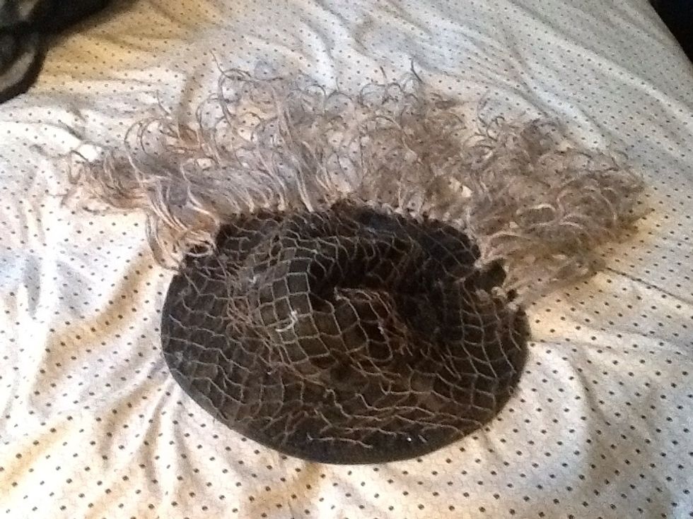 With the hat, you want the jute to hang down enough to cover your neck on all sides but the front, with shorter strands by your ears, and just enough to cover the brim of the hat for the front.