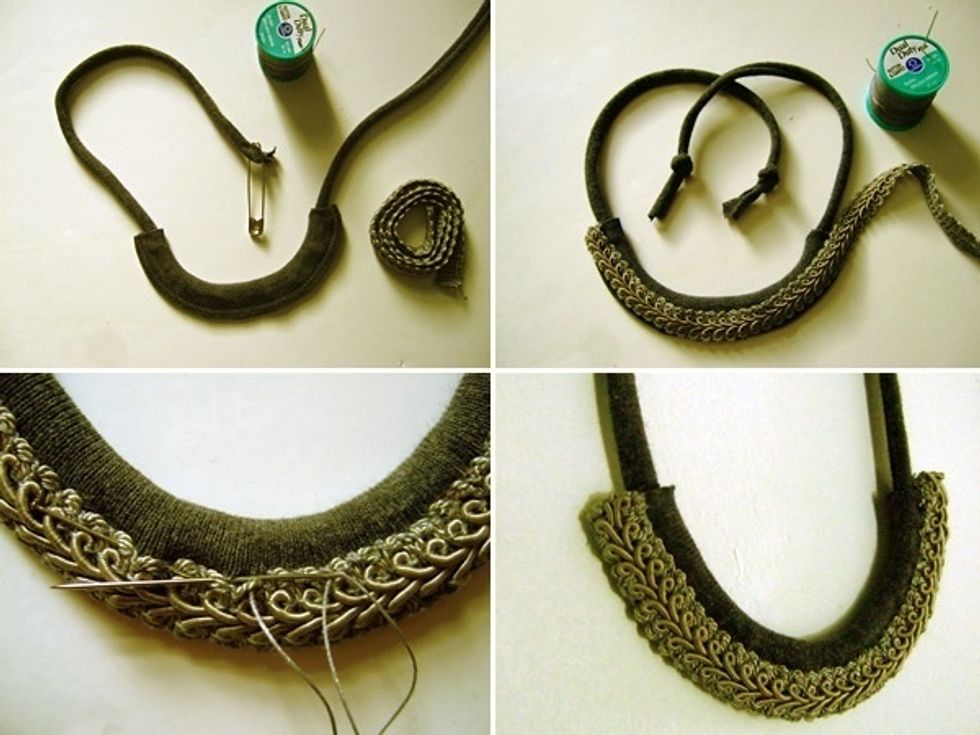 With the help of a safety pin pull the string through the opening of the neckline. Voil\u00e0! It\u2019s done. Now it\u2019s time to decorate: