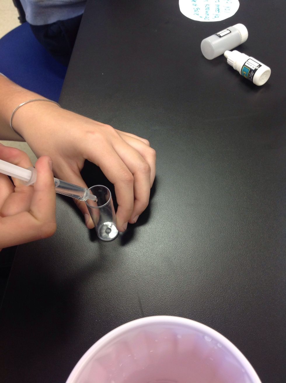 With the larger syringe, put 2mL of tank water into the vile.