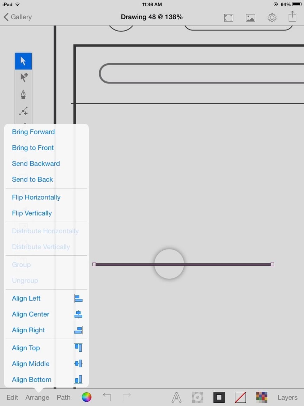 With the line selected, Tap "Arrange" and then "Send Backward" to send the line behind the circle.