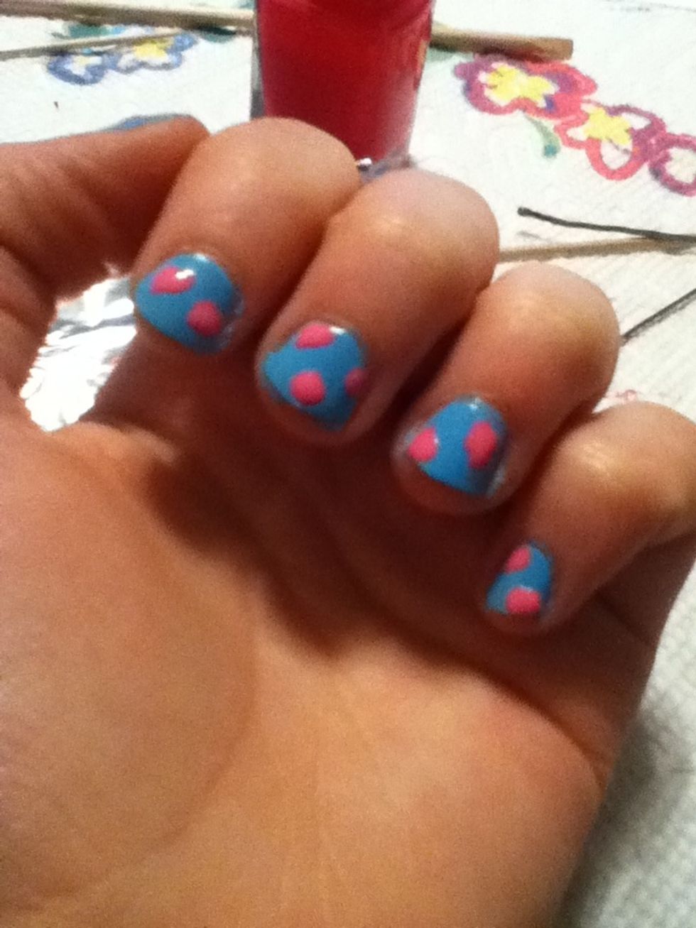 With the medium color and a dotting tool, (you can use a bobby pin)make 2-4 blobs on your nails. Make them large enough so you can add detail, but small enough so there's space between them.