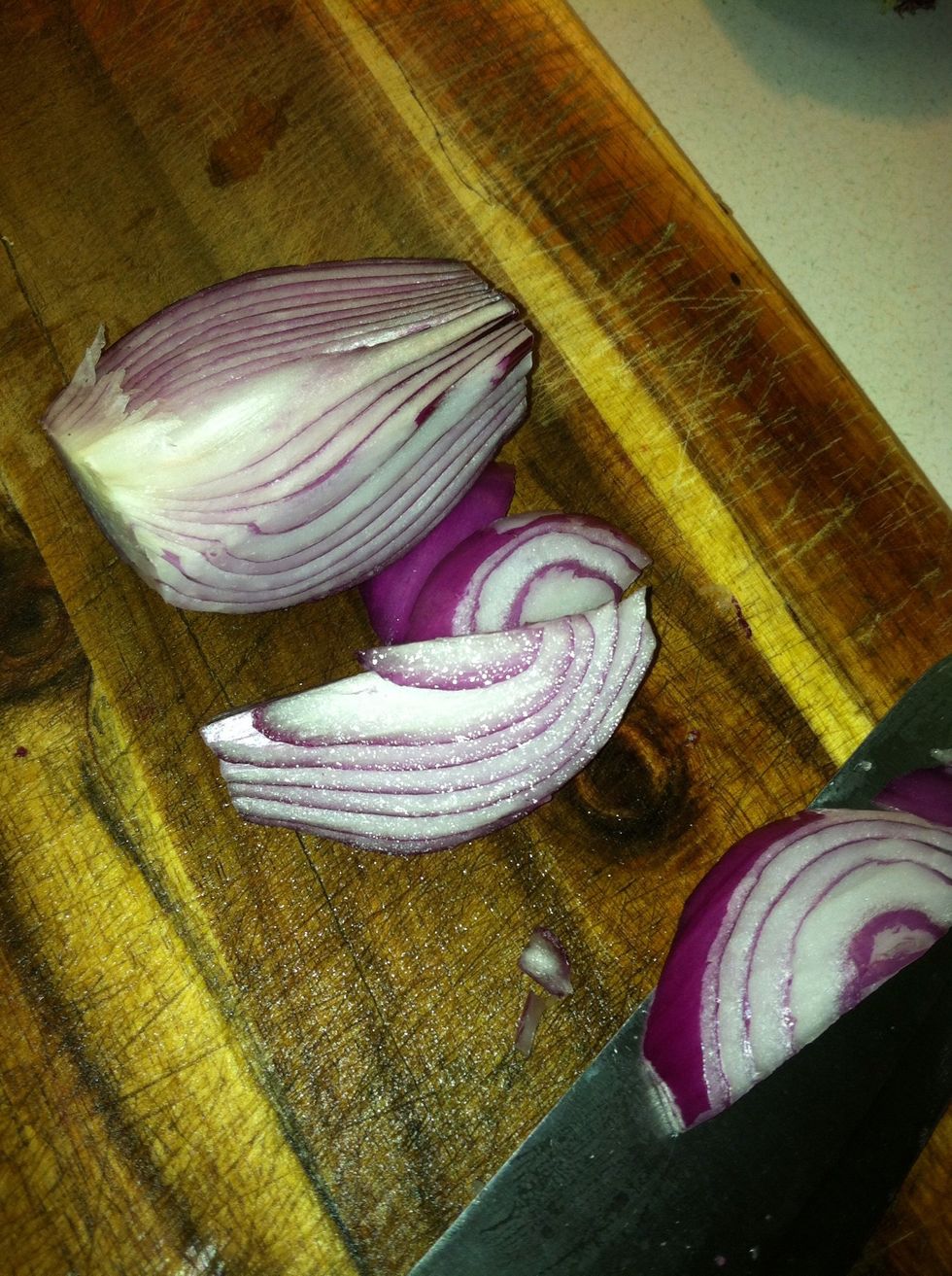 With the other half cut it into long slices not finely chopped pieces.