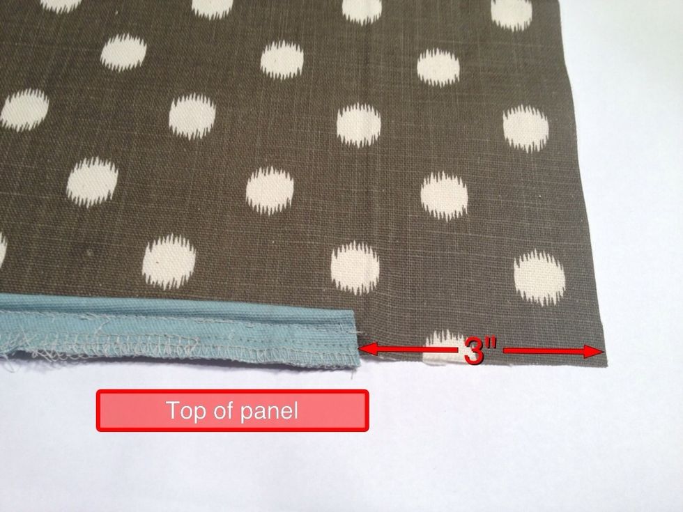 With the right side of the fabric facing up, measure in 3" from each side of the curtain panel and mark. Pin and stitch the piping between the two marks.