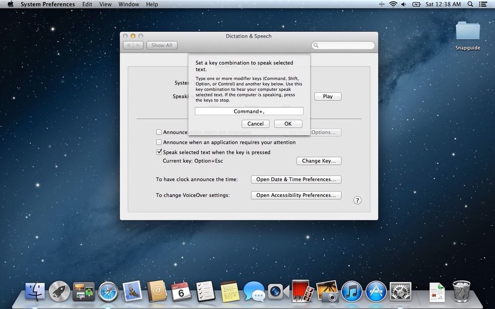 With this dialog box open, press "Command ," (Command key + comma key) at the same time. This will be your new shortcut for using Siri's voice when you have text highlighted.