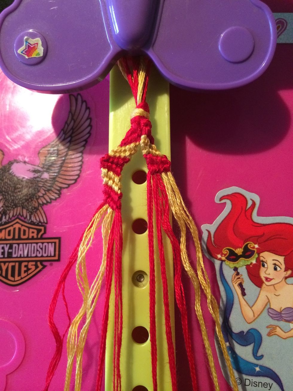 With this row done I am hoping you have gotten the hang of how this bracelet is going to knot. Go ahead and knot both of the gold strings in the 2nd and 3rd rows.