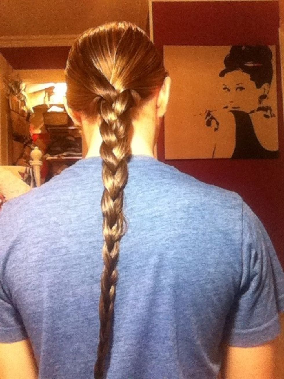 With your damn hair braid it to the very end then tie it with your rubber elastic band or hair tie.